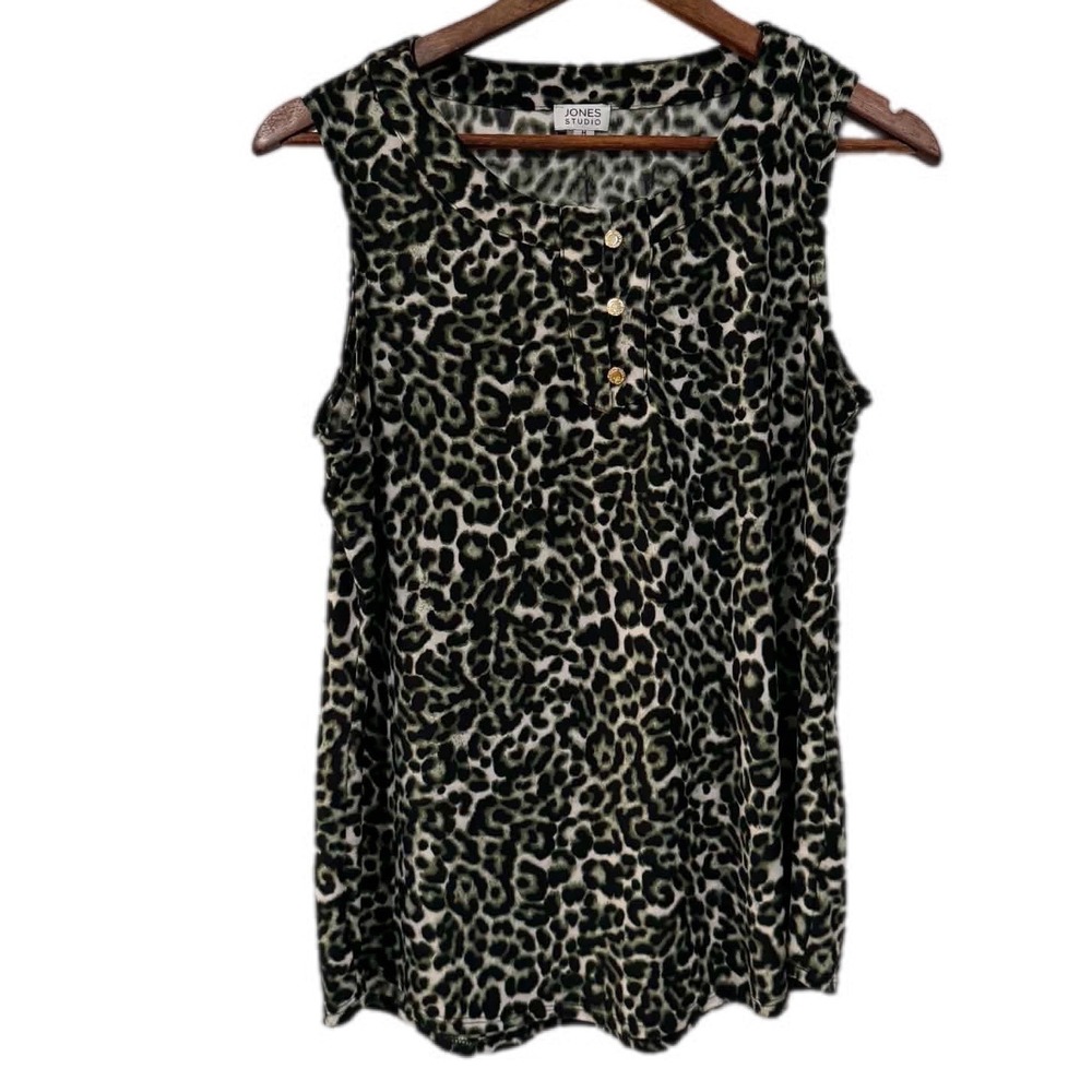 Jones Studio Henley Tank Top‎ Womens Medium Green Leopard Print Sleeveless